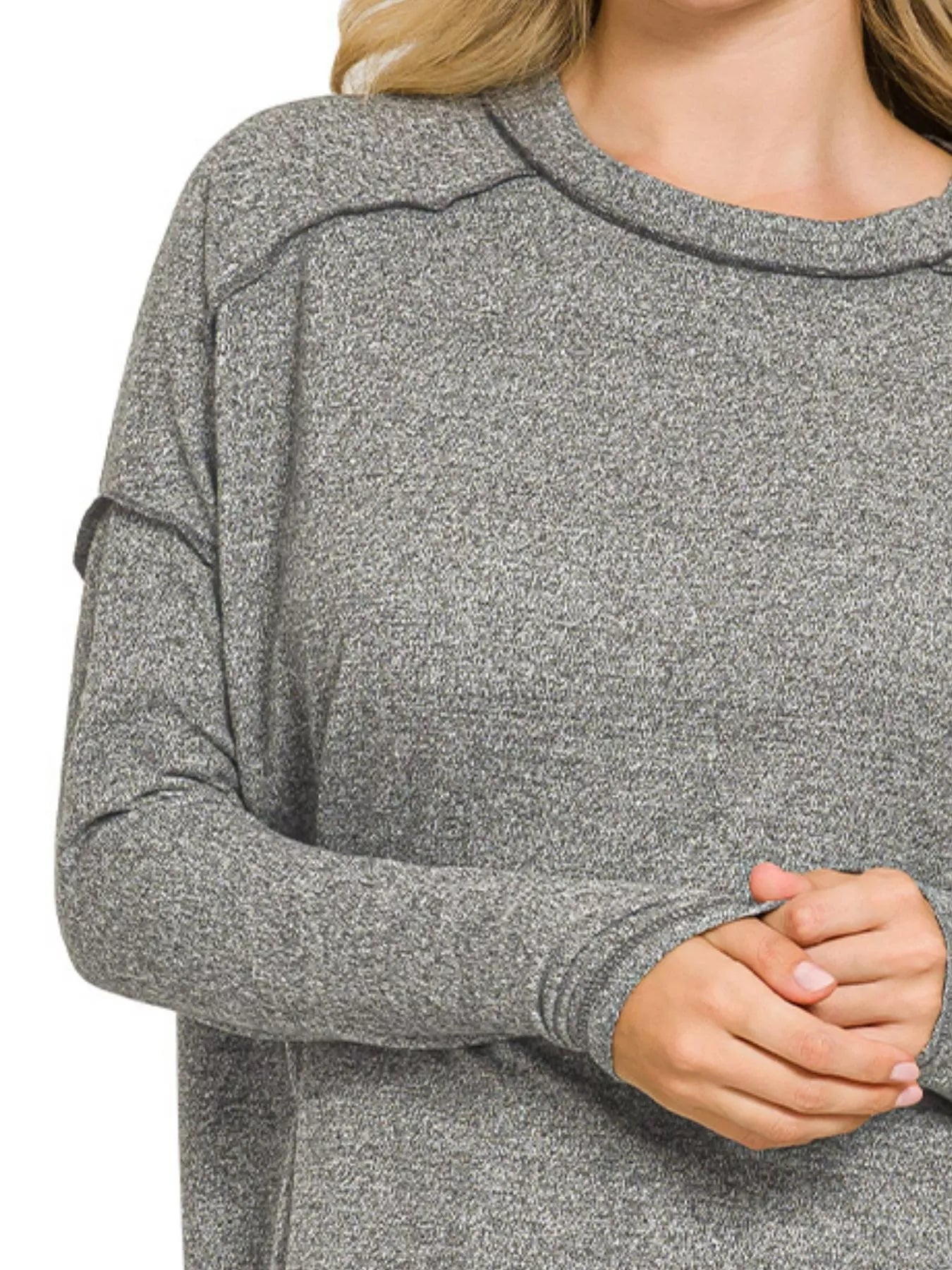 Sarah Express Women’s Plus Size Melange Hacci Tee with Exposed Seam Hi-Low Hem