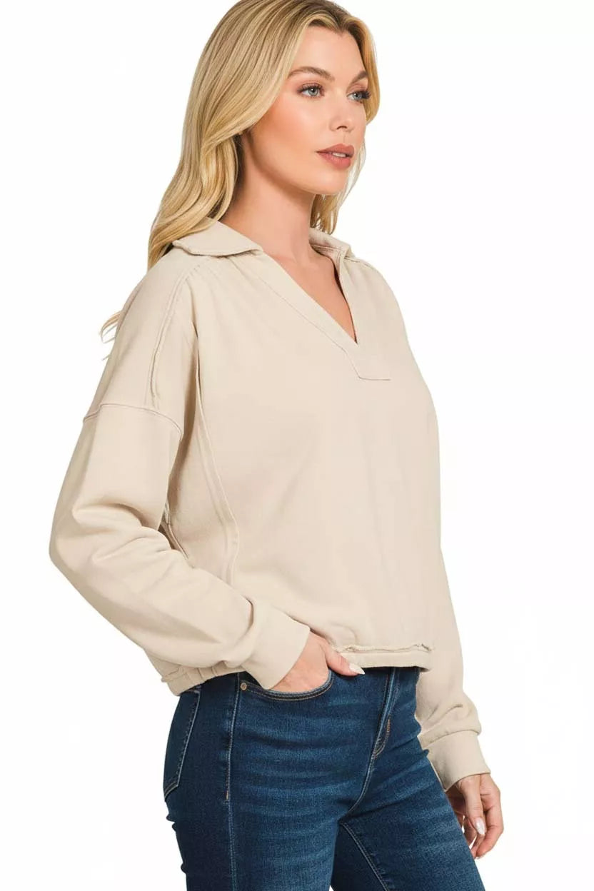 Sarah Express Women's French Terry Collared Exposed Seam Sweatshirt