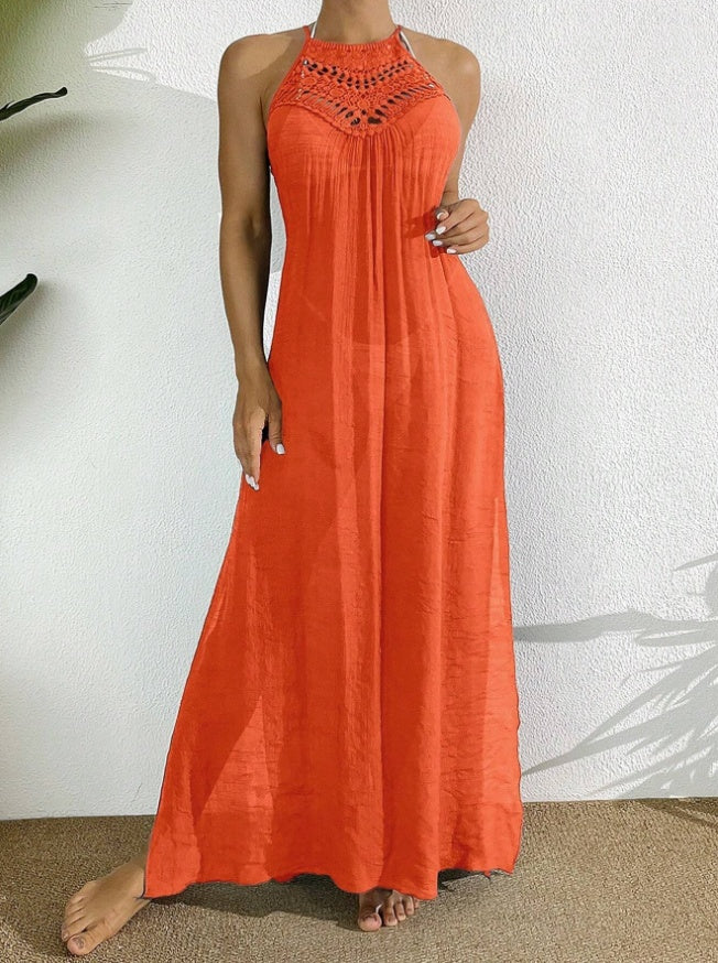 Sarah Express Women's Halter Neck Hollow Out Maxi Dress Swimsuit Cover Up