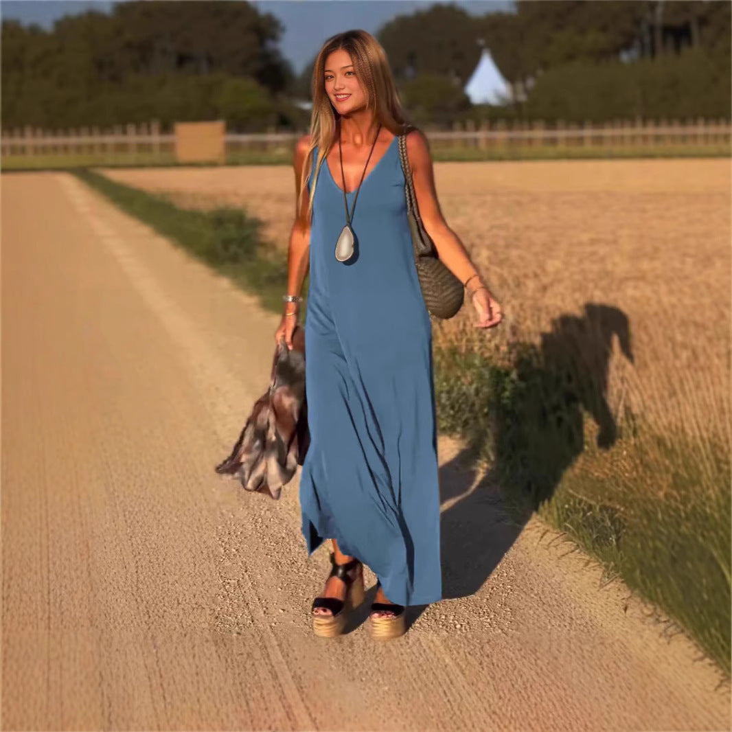 Sarah Express Women's V-Neck Cami Strap Maxi Dress Sleeveless Wide Waist Long Casual Summer Dress