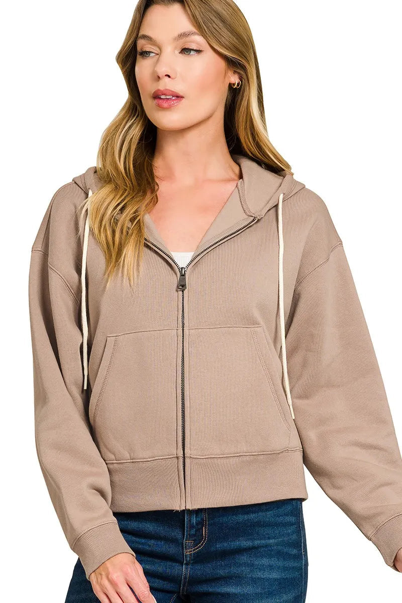 Cropped Fleece Zip-Up Hoodie