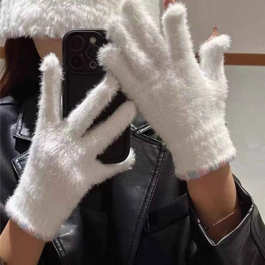 Sarah Express Women's Fuzzy Knit Gloves - Soft Plush Winter Gloves Ivory One Size