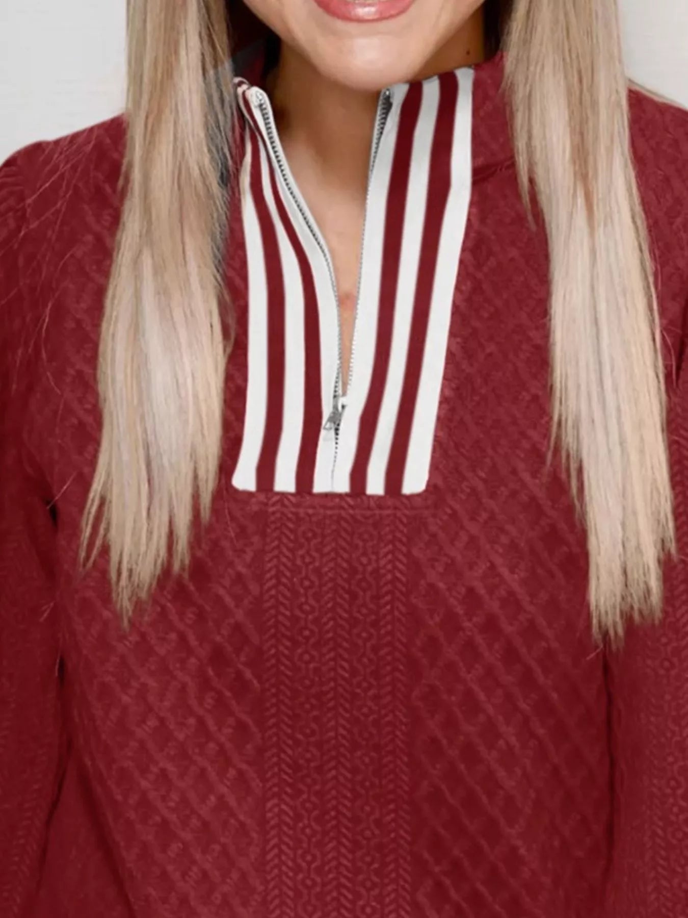 Sarah Express Women's Striped Trim Zipper Blouse