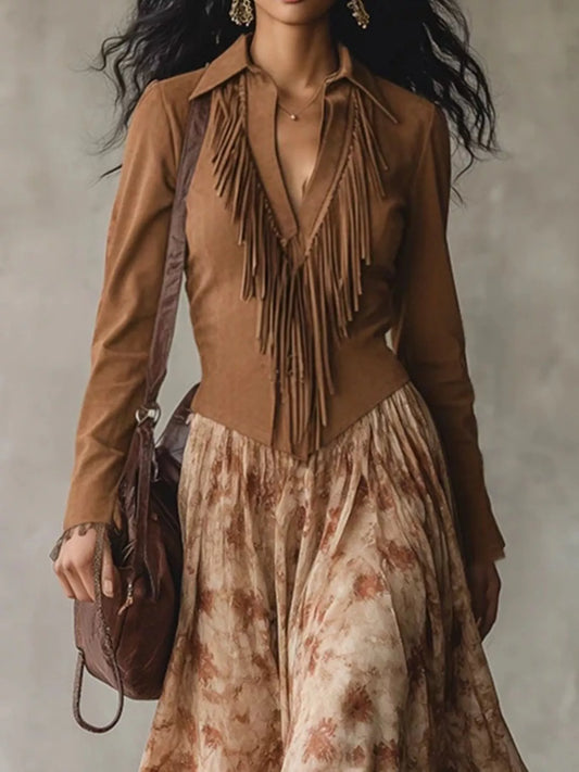 Sarah Express Women's Floral Fringe Maxi Dress Long Sleeve Boho Evening Gown