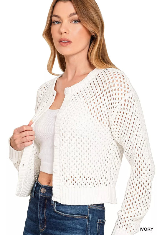 Sarah Express Women's Button Down Lightweight Crochet Cardigan Sweater