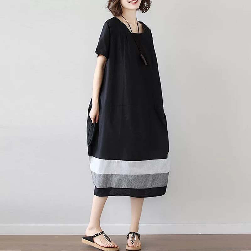 Sarah Express Women's Cotton Linen Midi Dress Short Sleeve Color Block - Casual Plus Size One Size Black