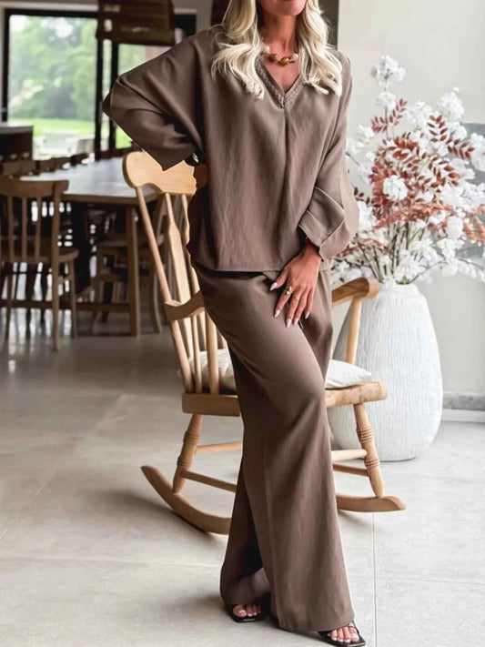 Sarah Express Women's Braided V-Neck Long Sleeve Top and Drawstring High Waist Pants Set