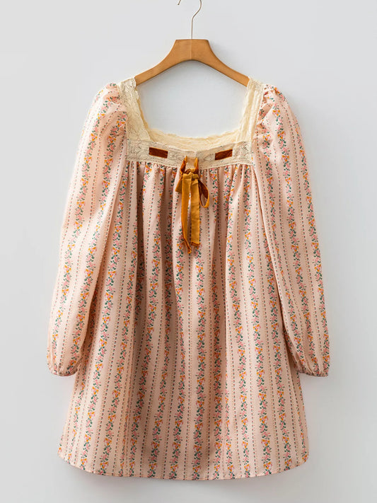 Sarah Express Women's Floral Print Bow Lace Long Sleeve Mini Dress - Romantic Loose Fit