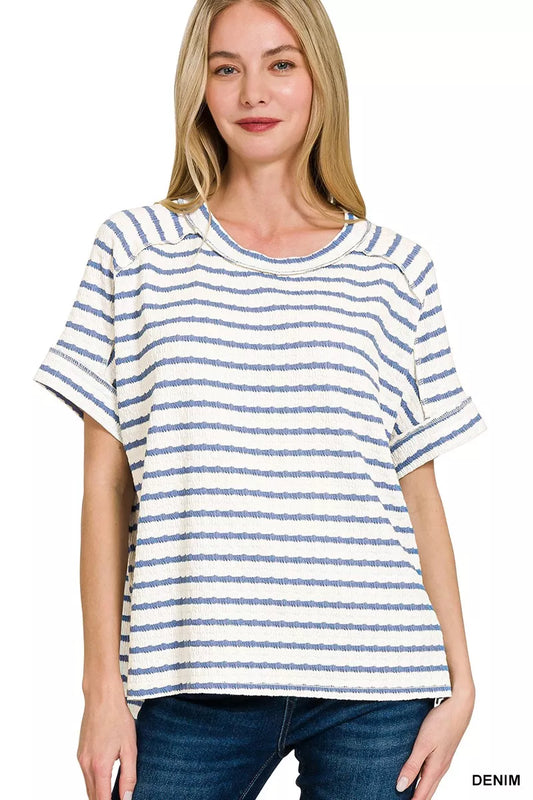 Sarah Express Women's Stripe Jacquard Round Neck Tee