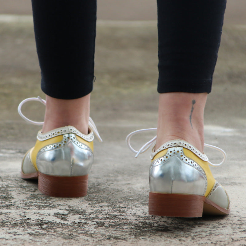 Sarah Express Women's Yellow Lace-Up Block Heel Pumps - Round Toe Low Heel Dress Shoes