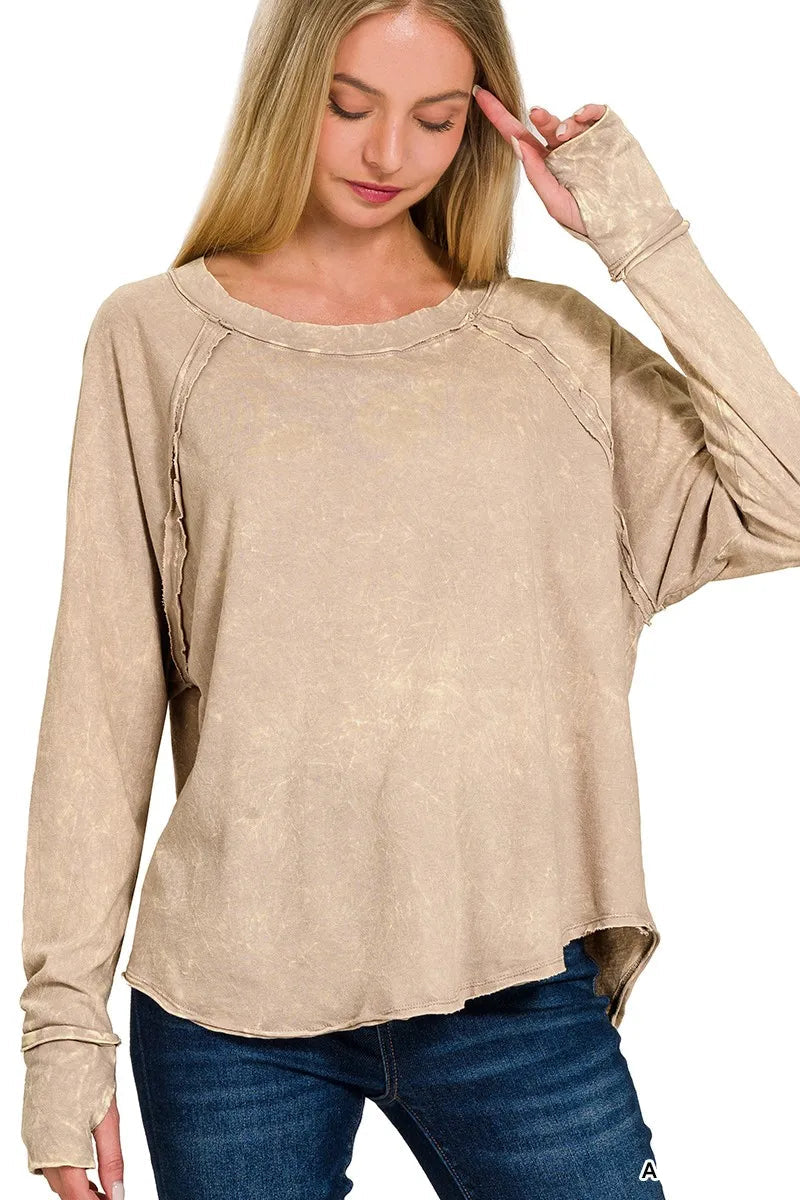 Sarah Express Women’s Top Long Sleeve Thumb Hole Washed Cotton Top in Ash Mocha