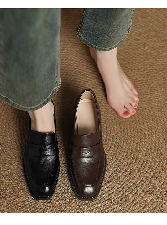 Sarah Express Women's Retro Square-Toe Chunky-Heel Slip-On Loafers – Sheepskin Leather