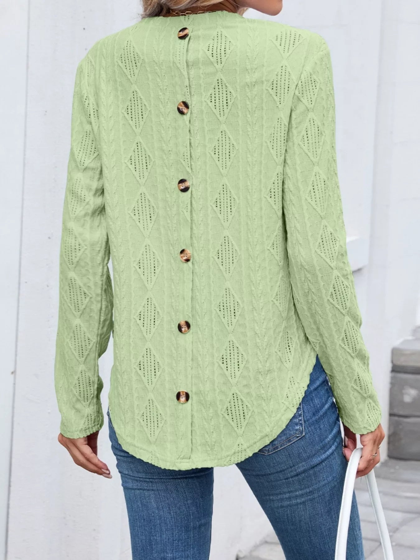 Sarah Express Women's Diamond Pattern Openwork Knit Long Sleeve Top