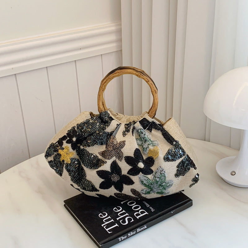 Sarah Express Bamboo Handle Tote Bag for Women - Shell Shape Shoulder Bag with Polyester Lining Black 28x7x18