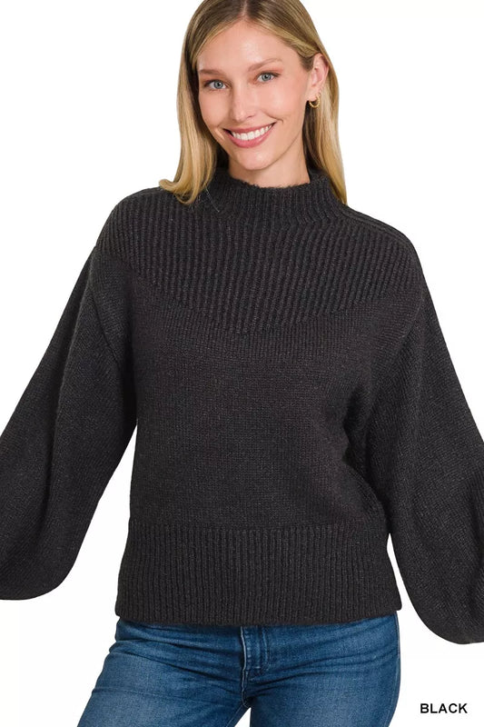 Sarah Express Women's Balloon Sleeve Mock Neck Sweater - Trendy Cozy Knitwear