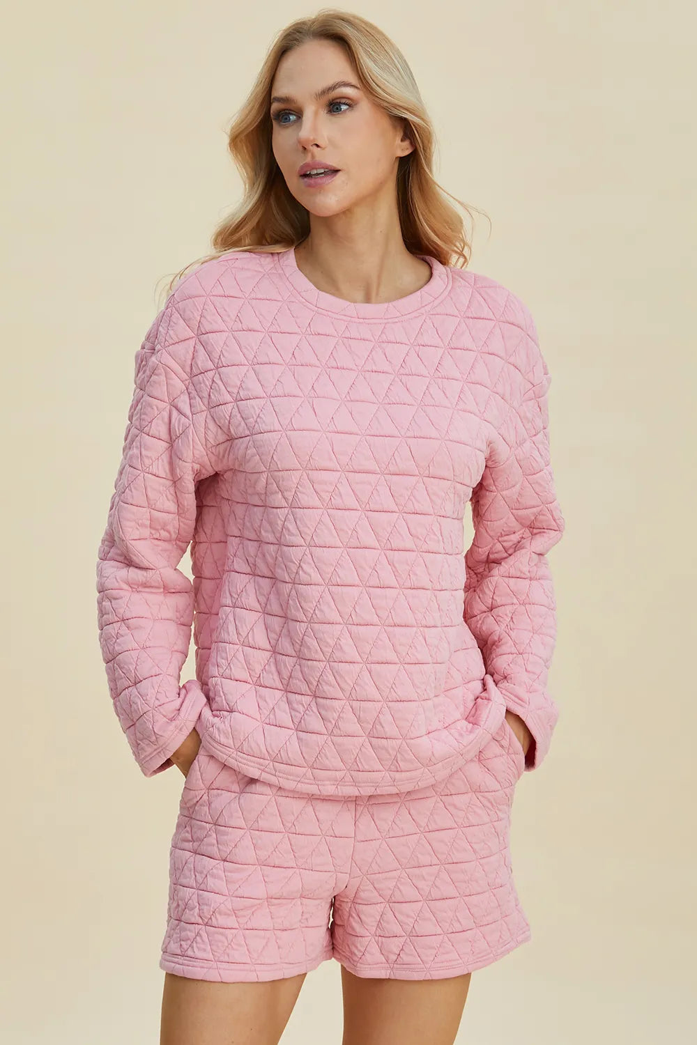 Sarah Express Women’s Plus Size Textured Long Sleeve Top and Shorts Set