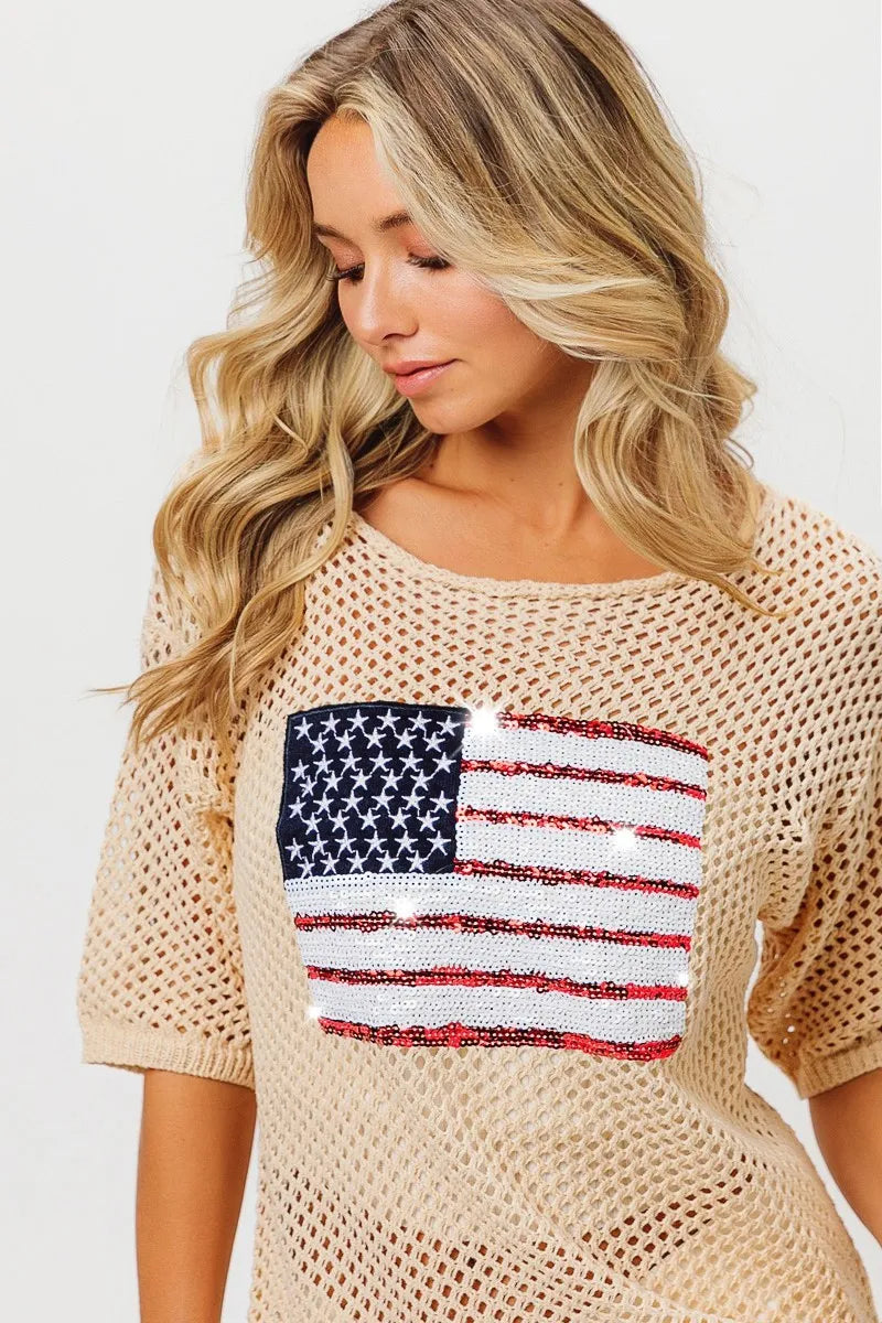 Sequin American Flag Knit Cover Up