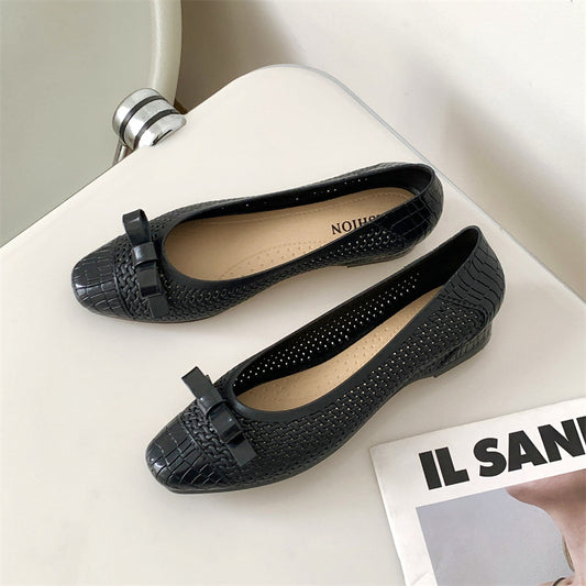 Sarah Express Women's Square Toe Flat Sandals - Bow-Tie Slip-On Shoes for Beach & Outdoor Wear Black