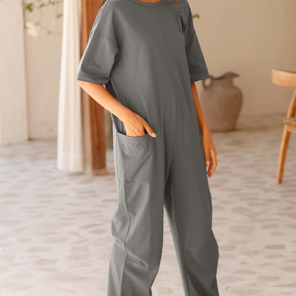 Sarah Express Women's V-Neck Jumpsuit Stretch Polyester with Pockets Casual Spring Summer One-Piece