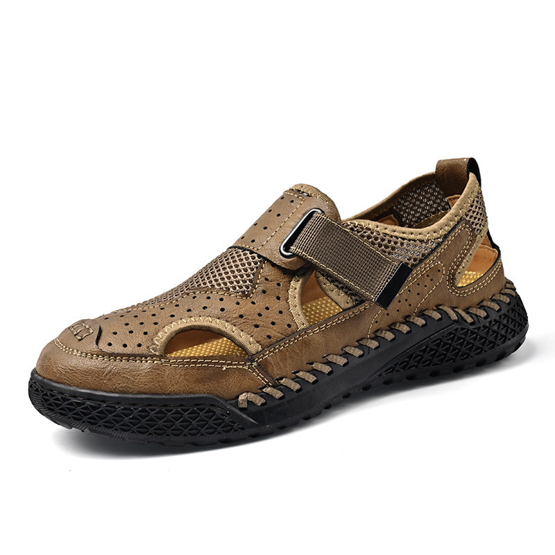Sarah Express Men's Breathable Leather Mesh Closed-Toe Sandals with Velcro Strap - Genuine Leather & Rubber Sole 92011 Khaki