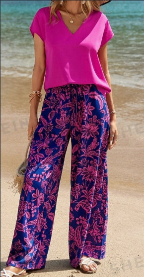 Sarah Express Women's V-Neck Top Botanical Print Pants Set - Two-Piece Summer Casual Outfit