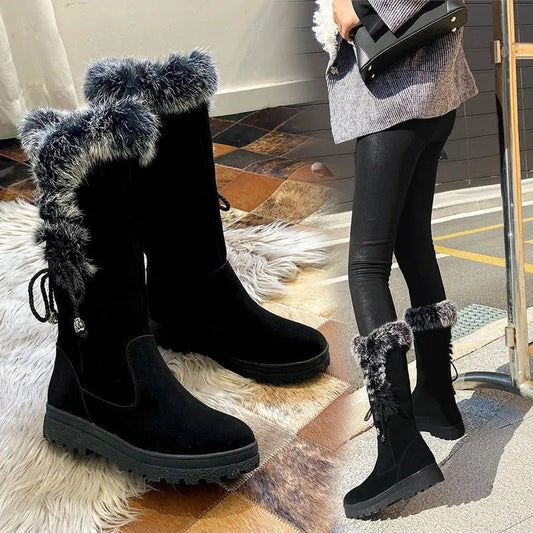 Sarah Express Women's Winter Snow Boots | Chunky Sole Furry Warm Flat Boots with Button Detail | Black & Gray