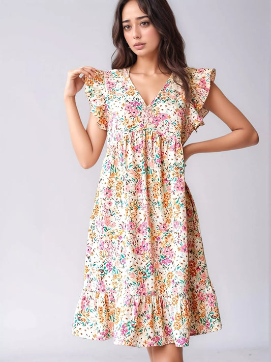 Sarah Express Women's Floral Print Ruffle Trim V-Neck Maxi Dress