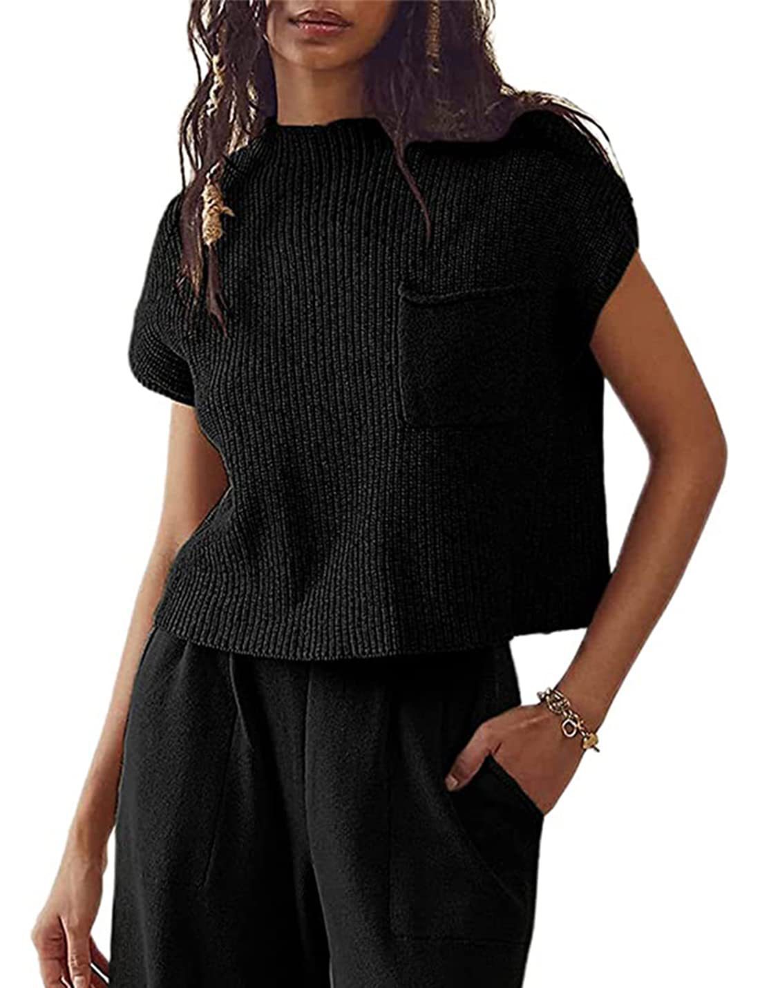 Sarah Express Women's Sleeveless Knit Ribbed Pullover Vest with Pockets