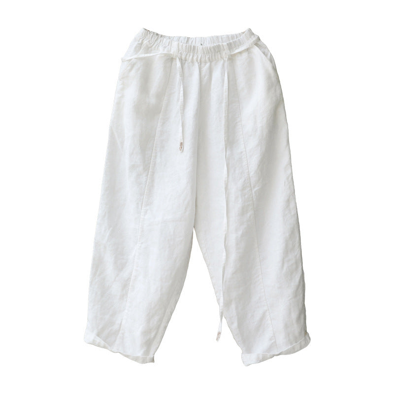 Sarah Express Women's Linen Cropped Pants - Washed Artistic Baggy Trousers with Embroidery & Belt