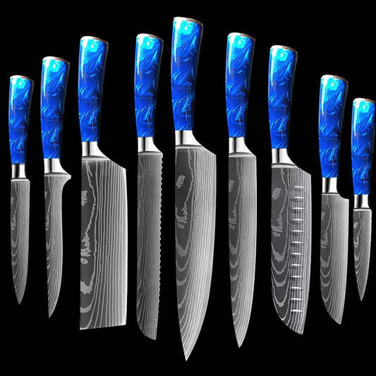 Sarah Express Professional 8-Inch Chef Knife with Blue Resin Handle - Premium Stainless Steel Kitchen Knife Blue 9piece set