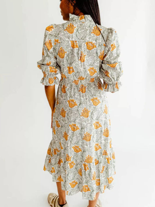 Sarah Express Women's Floral Print Ruffle Trim Smocked Midi Dress