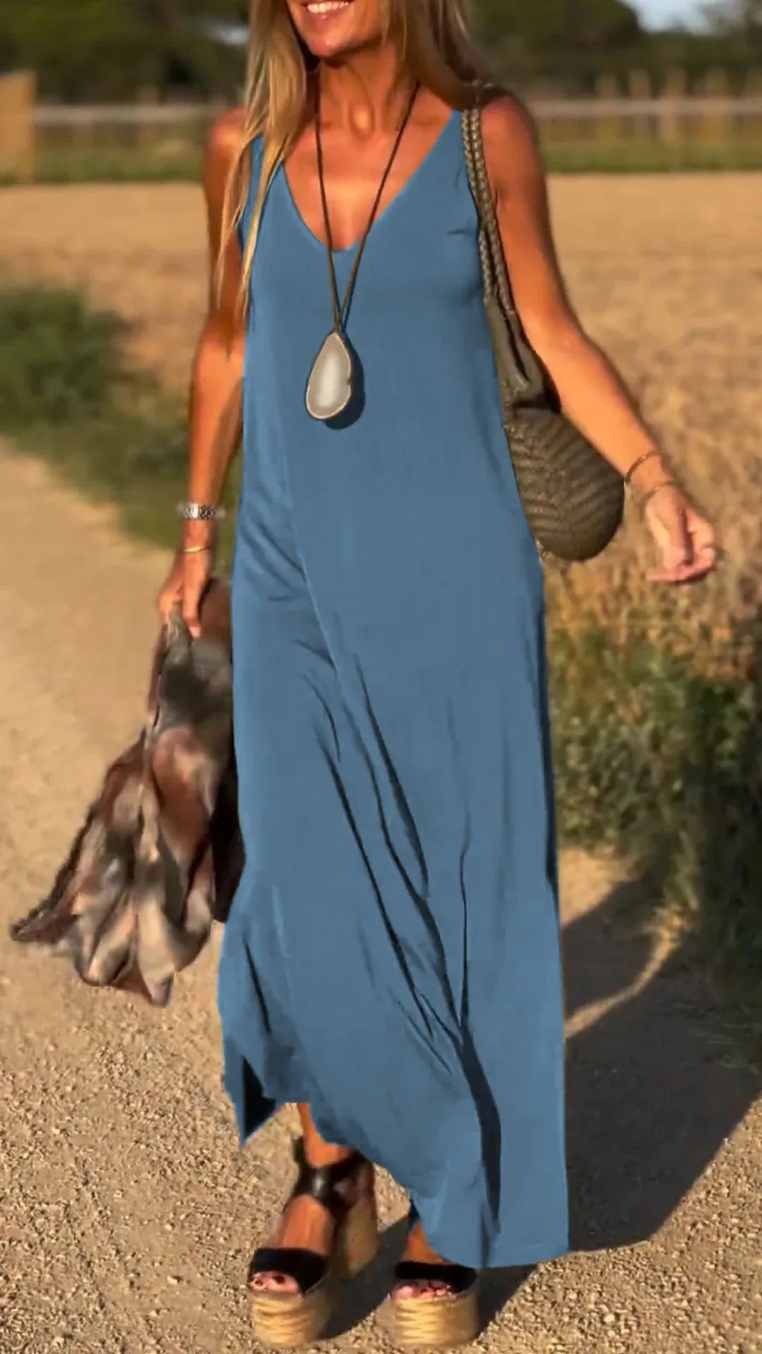 Sarah Express Women's V-Neck Cami Strap Maxi Dress Sleeveless Wide Waist Long Casual Summer Dress