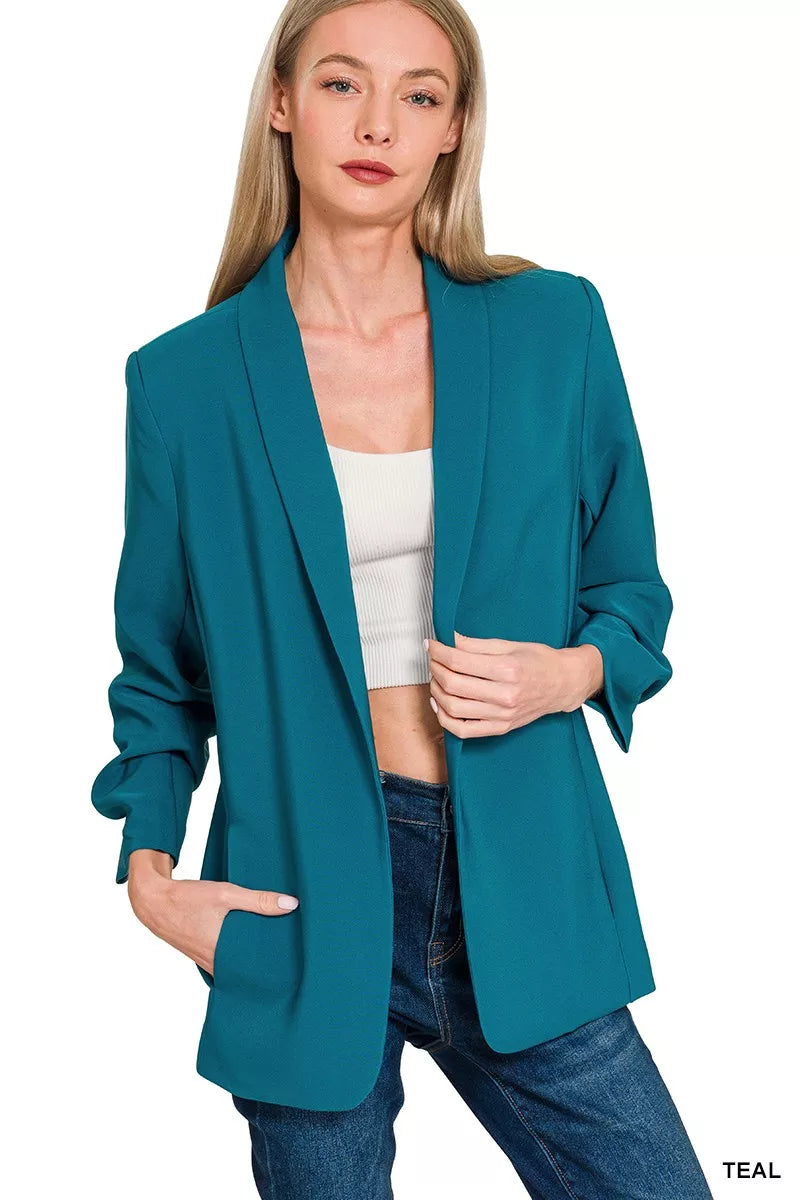 Teal woven blazer with 3/4 ruched sleeves and open front design for women