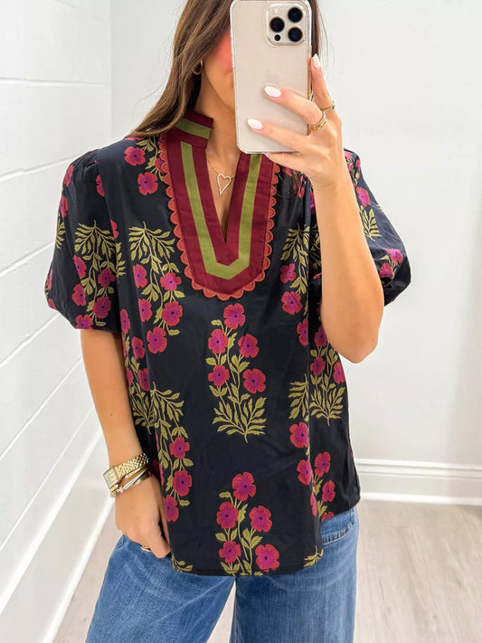 Sarah Express Women's Floral Print Notched Blouse