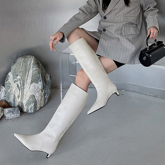 Sarah Express Women's Wide-Calf Knee-High Riding Boots | Pointed Toe Kitten Heel | PU Leather