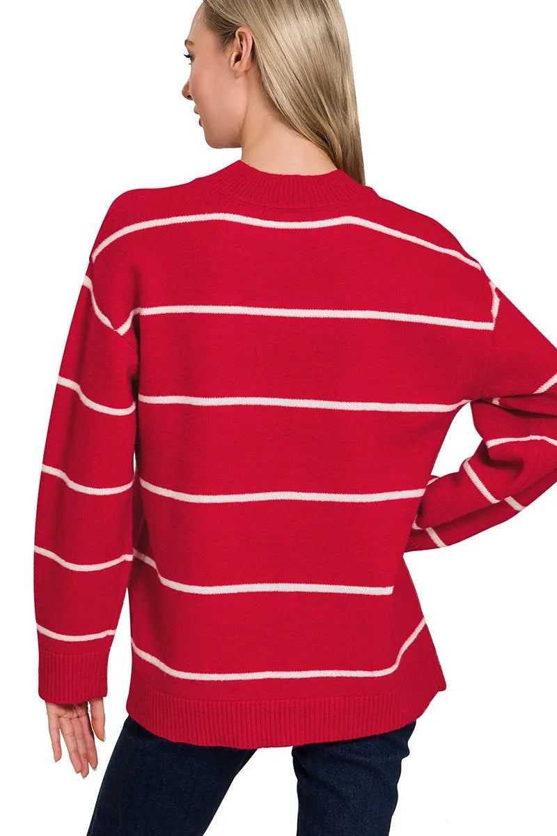 Sarah Express Women’s Red and White Striped Round Neck Sweater