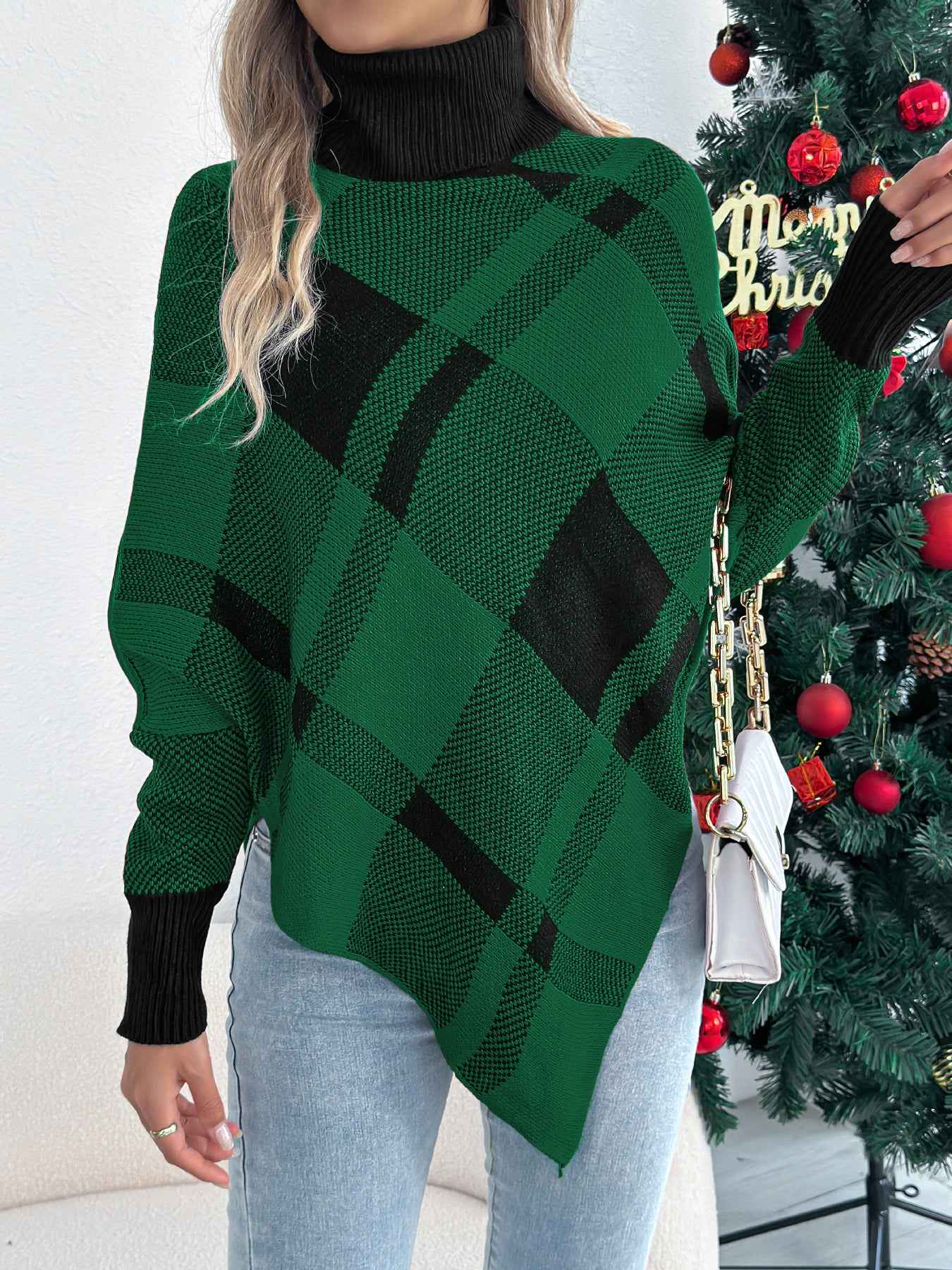 Sarah Express Women's Color Block Plaid Turtleneck Poncho Sweater - Oversized Knit Pullover Green