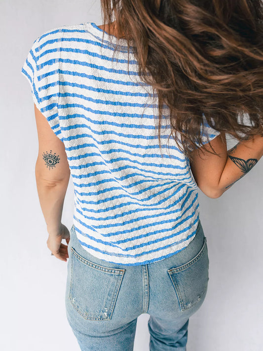 Sarah Express Women's Striped Textured Short Sleeve Patchwork T-Shirt