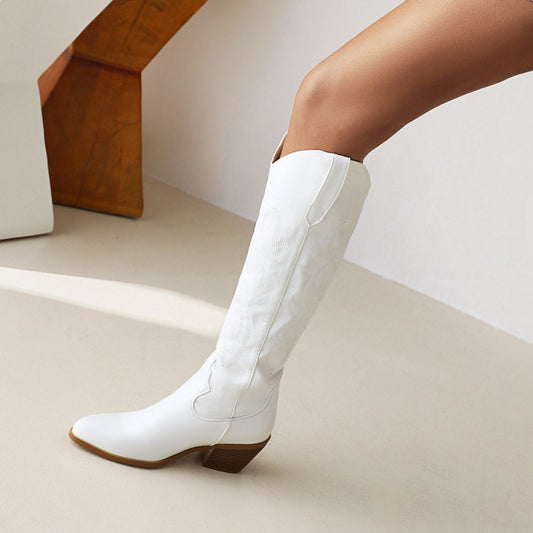 Sarah Express Women's Western Cowboy Embroidered High-Heel Boots – Chunky Heel Slip-On