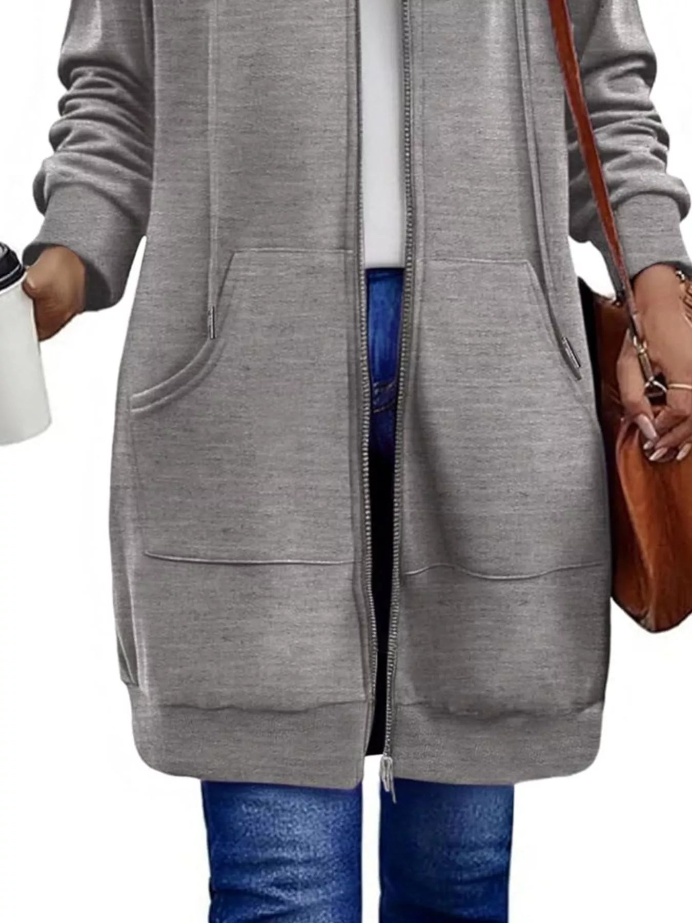 Sarah Express Women's Casual Longline Zip-Up Hooded Outerwear