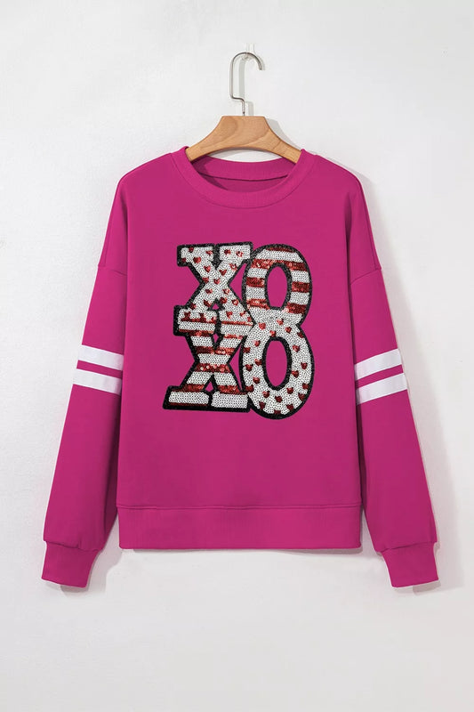 Sarah Express Oversized Sequin XOXO Valentine Sweatshirt Drop Shoulder Varsity Style