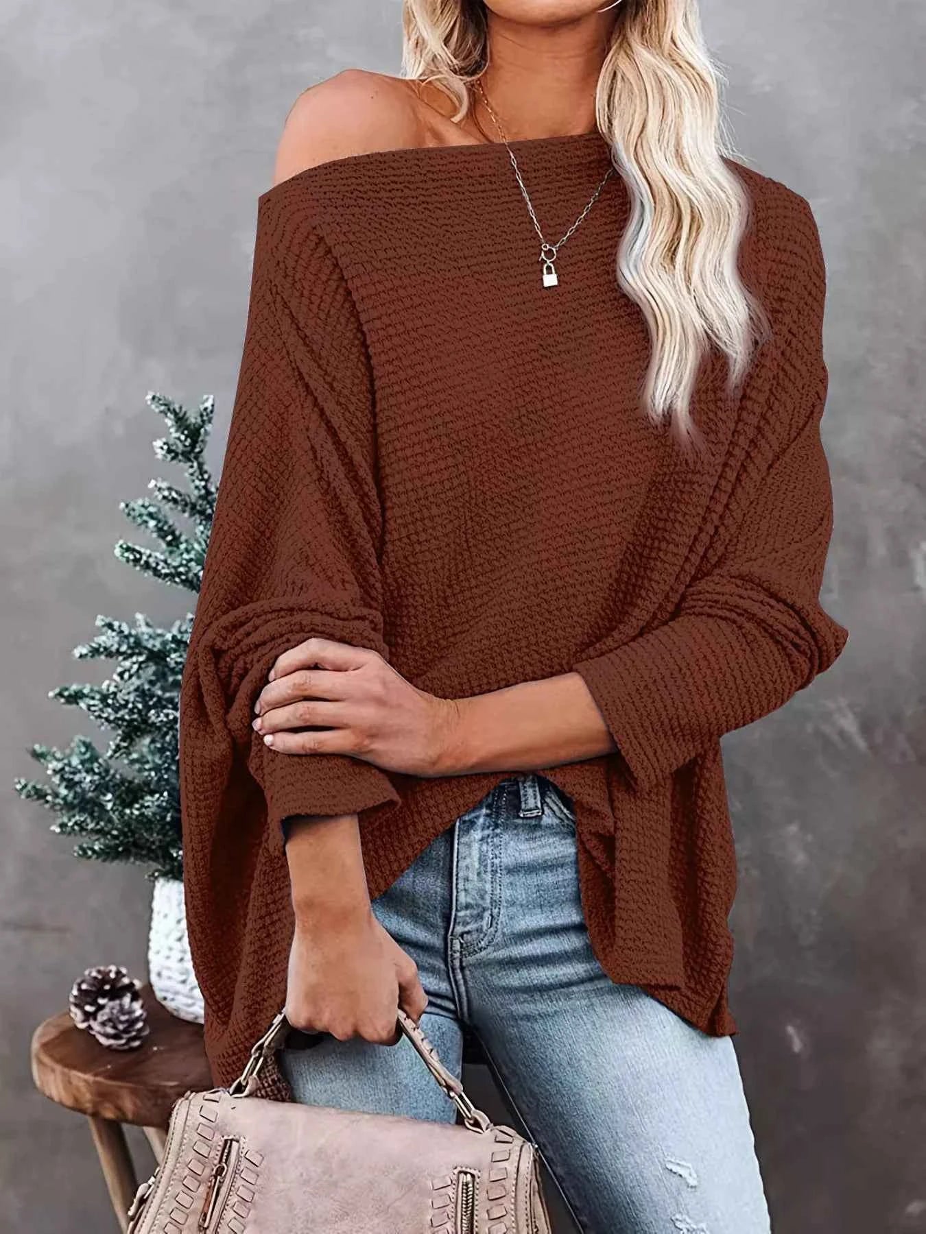 Sarah Express Women's Oversized Waffle Knit Boat Neck T-Shirt Light Brown