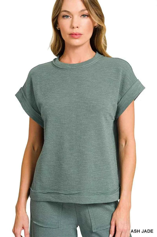 Sarah Express Women's Cotton Slub Short Sleeve Tee and Pants Set - Zenana Loungewear