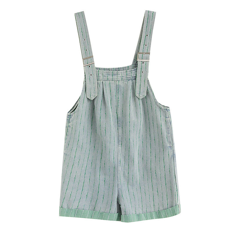 Sarah Express Women's Striped Denim Shortalls High Waist Wide Leg - Summer Casual Urban Overalls