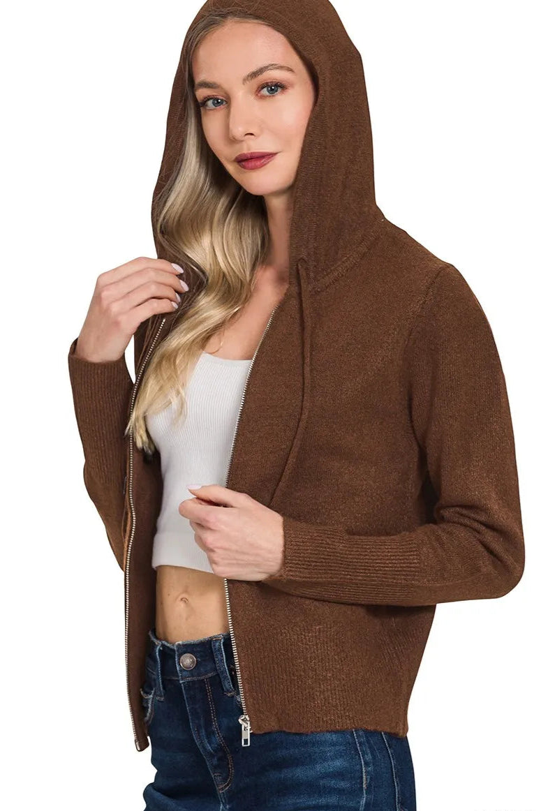 Drawstring Zip Up Hooded Cardigan