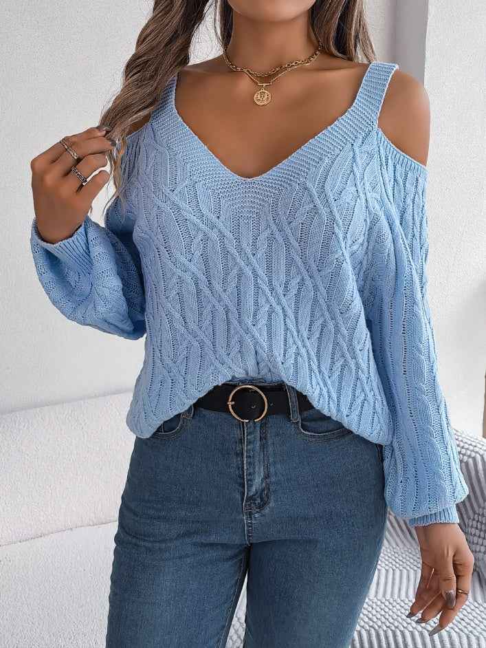Sarah Express Women's Off-Shoulder Cable Knit Sweater - Casual Lantern Sleeve Pullover Light blue