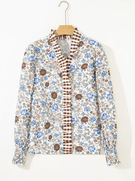 Sarah Express Women's Plaid Frilled Trim V Neck Floral Long Sleeve Blouse