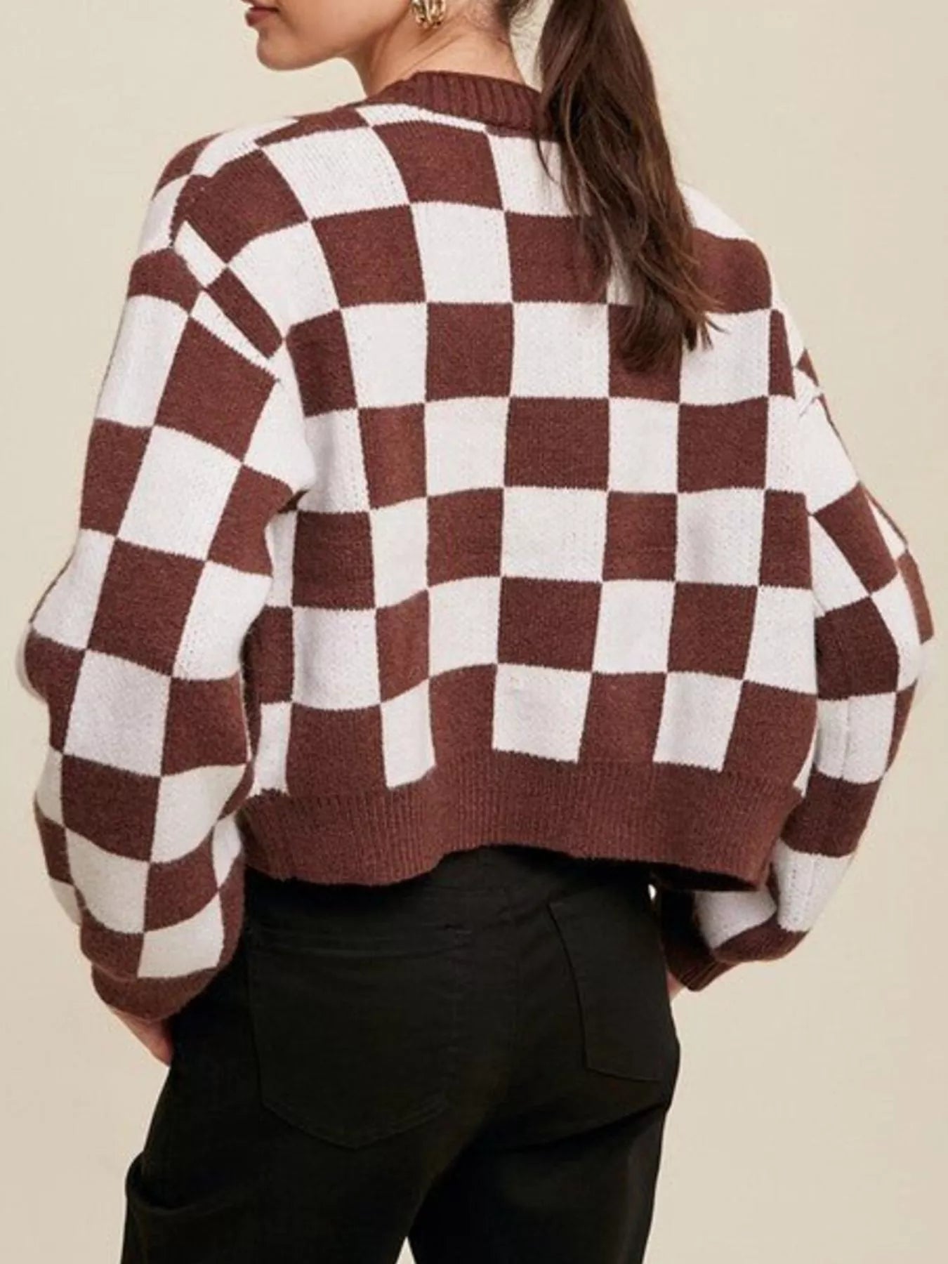 Sarah Express Women's Checkerboard Pattern Button-Down Cardigan