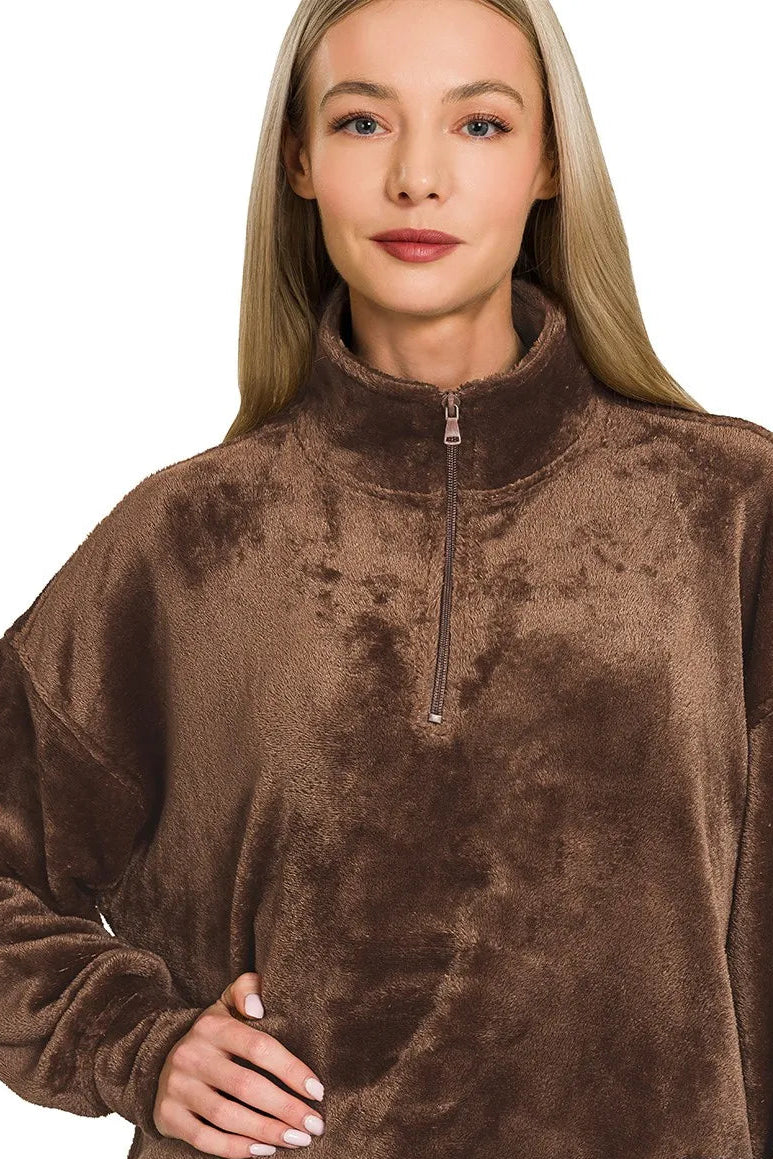 Sarah Express Women's Faux Fur Half Zip Pullover | Oversized Pocketed | 100% Polyester | S-L