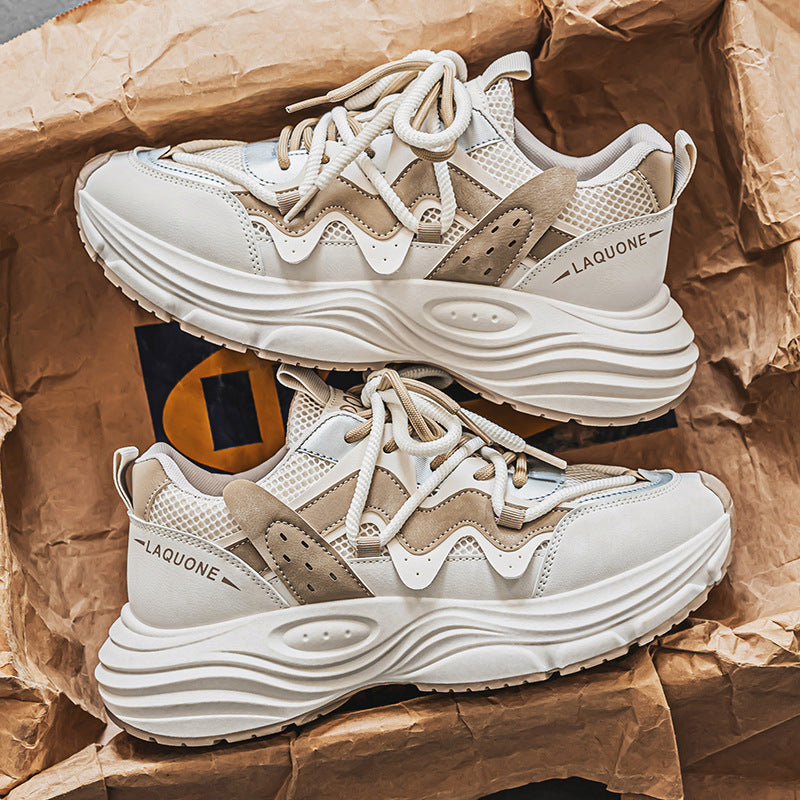 Sarah Express Breathable Mesh Running Sneakers - Unisex Casual Athletic Shoes with Thick Sole Beige Khaki